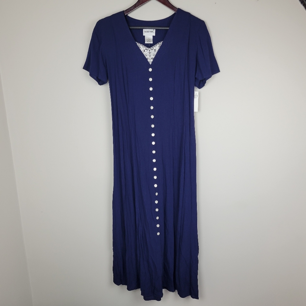 NWT 90's Vintage Maxi Navy Blue Crinkle Rayon V-Neck Dress Lace Buttons Tie Back